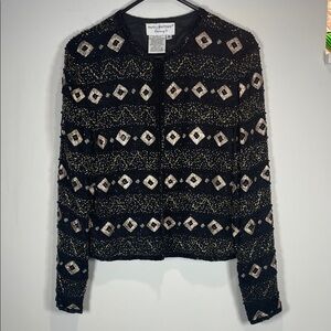 Papell Boutique Black and Gold Geometric Beaded 100% Silk Jacket